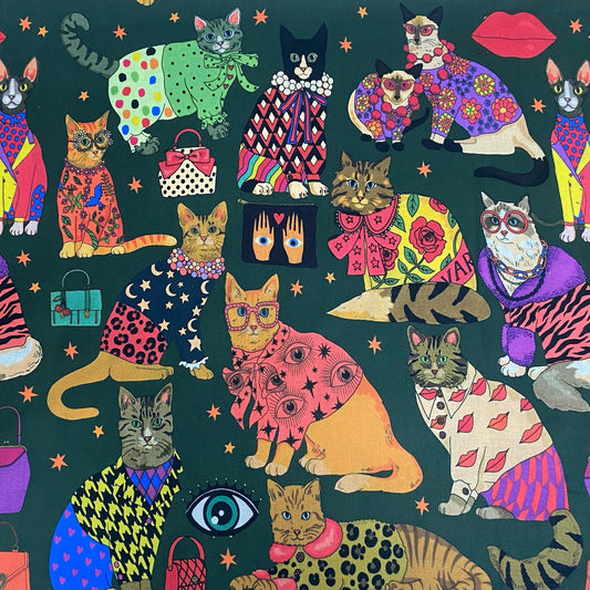 GLAMOROUS CATS, GREEN - 100% pamuk